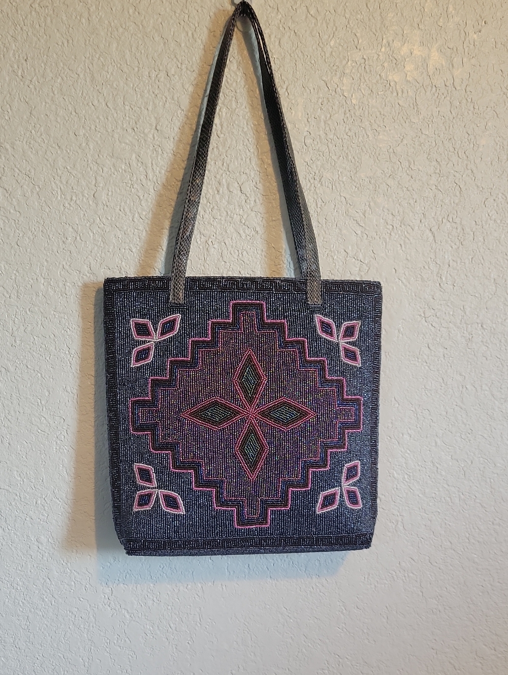 Beaded Geometric Black and Pink Tote Bag